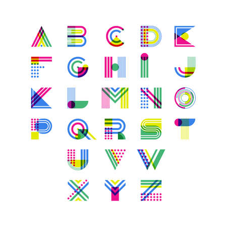 Colorful geometric alphabet. Latin decorative font symbols. Vector logo design elements. Overlapping creative font isolated on white background.のイラスト素材
