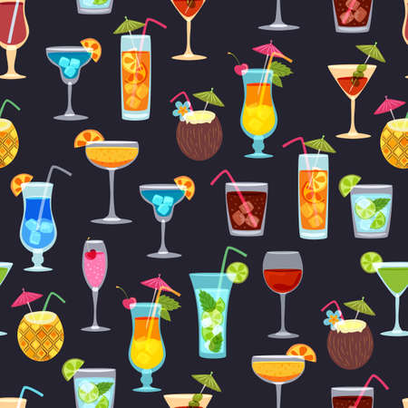 Vector seamless black pattern with tropical cocktails, juice, wine and champagne glass. Doodle background with beverages. Design for summer beach party, bar menu of alcohol drinks or wine list.のイラスト素材