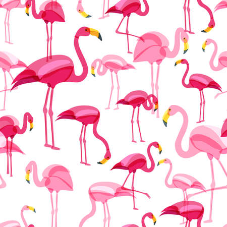 Vector seamless pattern with pink flamingo isolated on white background. Hand drawn doodle illustration. Flamingo birds in various poses. Trendy design for summer fashion textile print.のイラスト素材