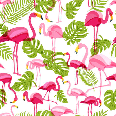 Vector seamless pattern with pink flamingo and green palm tree leaves. Summer tropical background. Trendy design for fabric and textile print.のイラスト素材