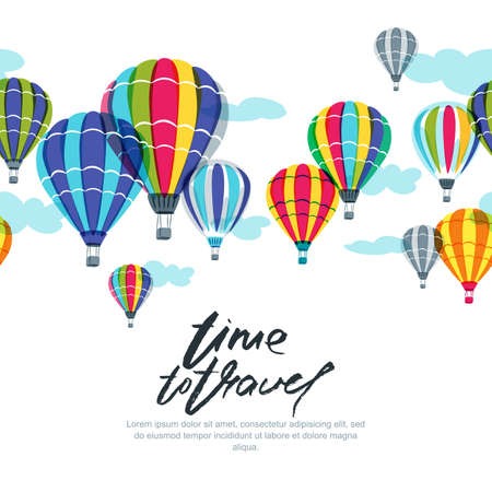 Vector horizontal seamless background with hot air balloons in the sky. Hand drawn doodle illustration. Design concept for summer travel, holidays and tourism banner, poster, backgrounds.のイラスト素材