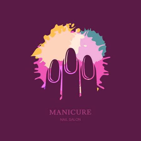 Female hand on color nail polish splash background. Vector logo, label, emblem design elements. Concept for beauty salon, manicure, cosmetic and hand care.のイラスト素材