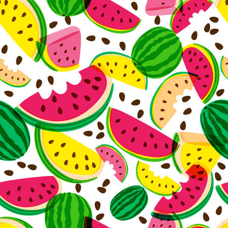 Vector seamless pattern with fresh red and yellow watermelon isolated on white background. Hand drawn doodle illustration. Trendy design for summer fashion textile prints and backgrounds.のイラスト素材