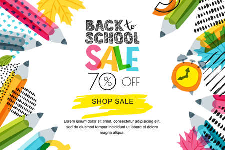 Vector horizontal back to school sale banner, poster background. Hand drawn sketch letters and doodle multicolor pencils on textured background. Layout for discount labels, flyers and shopping.のイラスト素材