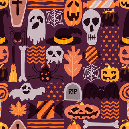 Vector seamless Halloween pattern with hand drawn doodle pumpkin, skull, witch hat, bones, candies, spider, ghost, broom, cauldron. Design for holiday textile prints, wrapping and backgrounds.のイラスト素材
