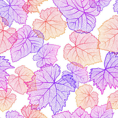 Vector seamless pattern with hand drawn grape textured leaves on white background. Autumn nature illustration. Design for wine list, winery, label, package, wrapping paper or textile print.のイラスト素材