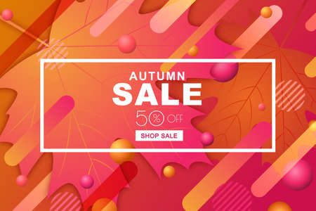 Autumn sale horizontal banners with paper maple leaves and motion geometric shapes. Vector fall poster background. Layout for discount labels, flyers and shopping.のイラスト素材
