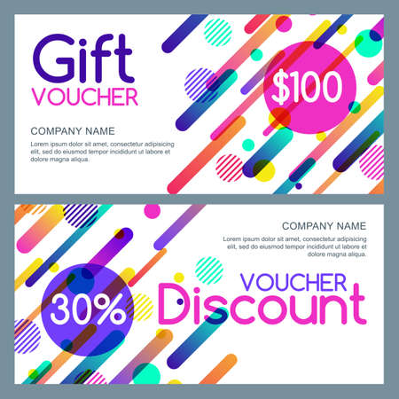 A Vector gift and discount voucher template with abstract motion geometric shapes. Multicolor white holiday cards. Design concept for gift coupon, invitation, certificate, flyer, banner, ticket.のイラスト素材
