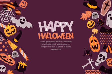 Happy Halloween vector horizontal banner with hand drawn doodle pumpkin, skull, witch hat, bones, candies, ghost, broom, cauldron for holiday greeting card, poster, party invitationのイラスト素材