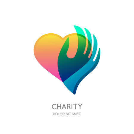 Charity vector logo design template. Abstract heart shape in human hand, isolated icon, symbol, emblem. Concept for voluntary, non profit organization or health and healthcare themes.のイラスト素材