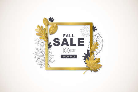Autumn sale horizontal banner with isolated golden square frame and 3d style gold and outline autumn leaves. Vector fall poster background. Layout for discount labels, flyers and shopping.のイラスト素材