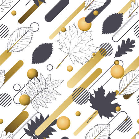 Autumn vector seamless pattern with hand drawn outline fall leaves and motion geometric shapes. Abstract dynamic nature background.のイラスト素材