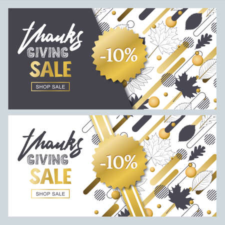 Thanksgiving sale banner set with hand drawn outline fall leaves and motion geometric shapes. Vector fall poster golden background. Layout for discount labels, flyers and shopping.のイラスト素材