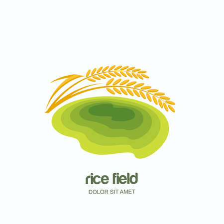 Vector logo, label, emblem with green rice terrace field. Farm landscape and yellow rice grains, isolated illustration. Concept for asian agriculture, organic cereal products.のイラスト素材