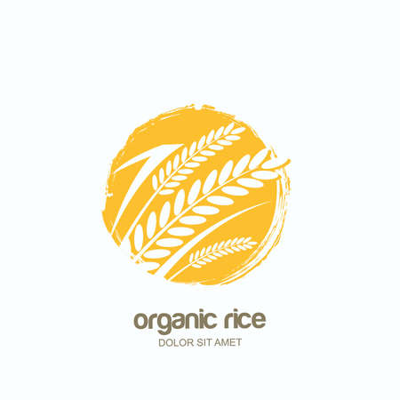 Vector logo, label or package watercolor hand drawn emblem with yellow rice, wheat, rye grains. Concept for asian agriculture, organic cereal products, bread and bakery.のイラスト素材