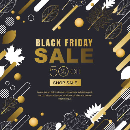 Black friday sale banner. Square frame with gold outline fall leaves and motion geometric shapes.のイラスト素材