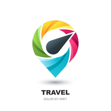Vector logo icon or emblem design template with compass pin map symbol. Abstract multicolor geo point location marker. Modern concept for vacation, travel, tour search and tourism business.のイラスト素材