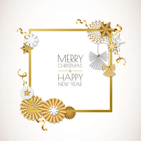 Merry Christmas, Happy New Year greeting card. Vector holiday frame with golden paper stars, ribbons, angels and snowflakes. Material design for banner, flyer, poster.のイラスト素材