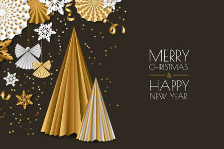 Merry Christmas, Happy New Year greeting card. Vector golden paper decoration snowflakes, christmas tree, angel on black background. Material design for banner layout, flyer, poster.のイラスト素材
