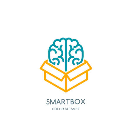 Vector logo icon, emblem with brain in box. Abstract flat linear illustration. Concept for business solutions, development, innovation, creativity.のイラスト素材