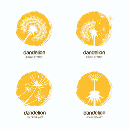 Set of vector icon or emblem with yellow dandelions. Watercolor hand drawn design template for flowers delivery or gift shop.のイラスト素材