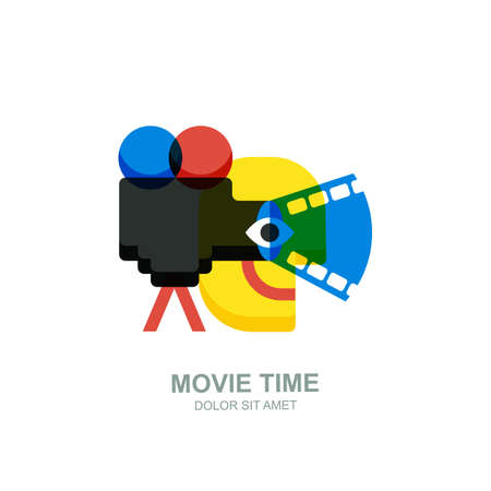 Vector isolated flat illustration of smiling abstract man, movie camera with film spotlight. Creative logo icon design. Concept for home movie time, media and watching video tv.のイラスト素材