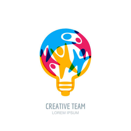 Creative team concept. Colorful abstract people in light bulb shape. Vector human logo, icon or emblem design template. Business, creativity, innovation, coaching or education illustration.のイラスト素材