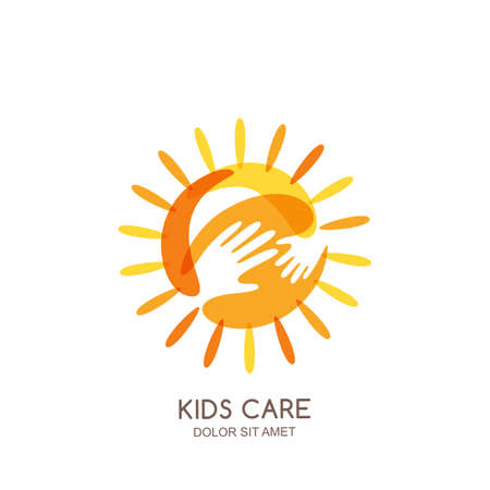 Kids care, family or charity vector logo emblem design template. Hand drawn sun with baby and adult hands silhouettes, isolated icon. Voluntary non profit organization or healthcare concept.のイラスト素材