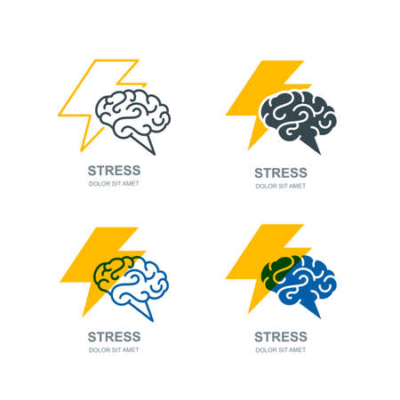 Vector set of human brain and lightning logo, sign, or emblem design. Stress, headache and nervous concept. Brainstorming and creativity isolated illustration.のイラスト素材