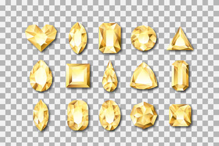Set of vector realistic golden gems and jewels on transparent background. Gold shiny diamonds with different cuts. Design elements and icons for holiday gift and jewelry shop.のイラスト素材
