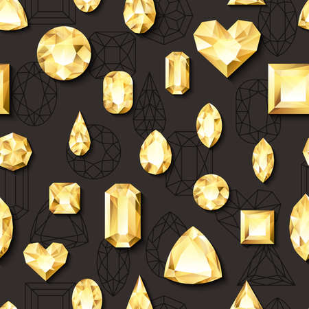 A Vector seamless black glossy background with 3d golden gems, jewels. Gold shiny diamonds with different cuts. Luxury texture for holiday gift and jewelry shop.のイラスト素材
