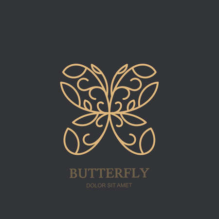 Vector logo icon or emblem with linear style golden floral butterfly. Abstract modern design template. Concept for luxury jewelry and accessories store, beauty spa salon or cosmetics shop.のイラスト素材