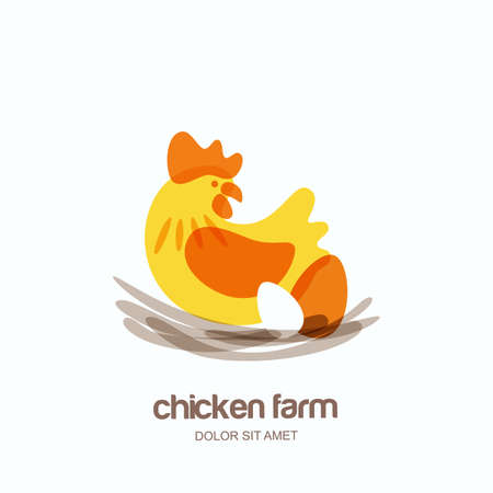 Chicken farm vector logo, label, emblem design template. Hen with eggs in the nest. Concept for farming and organic food industry, agriculture, poultry business, packages.のイラスト素材