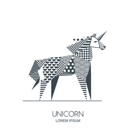 Vector black and white illustration of unicorn horse with patchwork geometric triangle texture. Creative logo icon or emblem. Design for poster, greeting card, wall decoration sticker, print.のイラスト素材