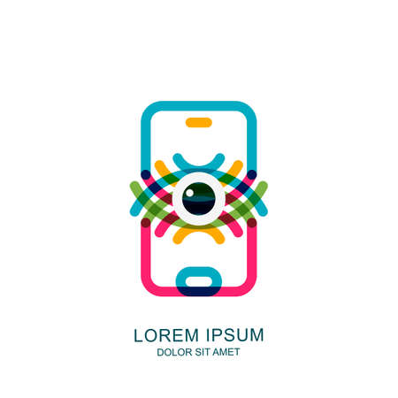 Colorful abstract eye on mobile phone screen. Vector logo, sign, emblem design element. Concept for mobile app, retina scan and biometric recognition, cyber vision technology.のイラスト素材