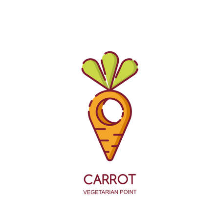 Vector icon, emblem design template for vegan and vegetarian restaurant or grocery shop. Line carrot waypoint pin isolated illustration. Healthy food point concept.のイラスト素材