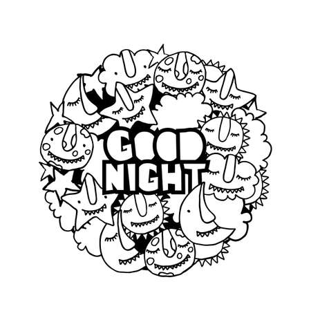 Vector kids doodle good night illustration. Cute cartoon monsters sun, cloud, star, moon, crescent in circle shape. Black white hand drawn design for fashion textile print or coloring books.のイラスト素材