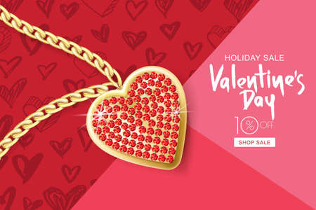 Valentines day sale banner. Vector holiday background with gold necklace chain and red heart pendant on pink textured paper. Design for holiday poster, party invitation.のイラスト素材