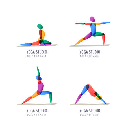Vector yoga studio logo, emblem design template. Colorful female silhouette in different yoga poses, isolated icons set. Relax, meditation and balance training.のイラスト素材