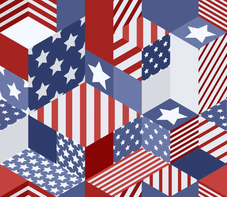 Vector seamless USA flags pattern. 3d isometric cubes background in american flag colors. Geometric patchwork illustration.のイラスト素材