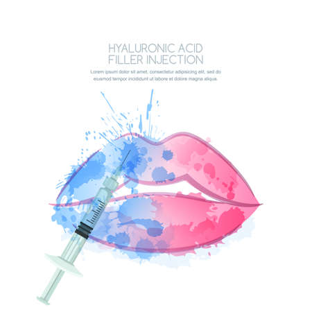 Vector illustration of hyaluronic acid filler injections or mesotherapy procedures. Watercolor female lips and syringe in water splashes. Cosmetology moisturizing procedures and beauty concept.のイラスト素材