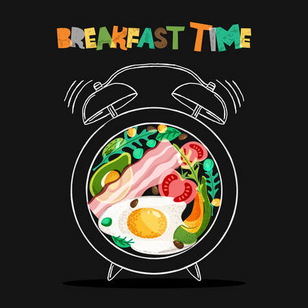 Breakfast menu vector design. Fried eggs, bacon, avocado, tomato, seasoning on plate with alarm clock. Breakfast time concept. Food illustration on black background.のイラスト素材