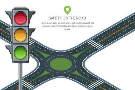 Vector flat illustration of roundabout road junction and traffic light isolated on white background....