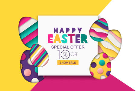 Happy Easter vector sale banner. Multicolor Easter decoration, paper cut eggs. Design for holiday flyer, poster, greeting card, party invitation.のイラスト素材