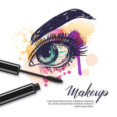 Vector watercolor sketch illustration of colorful female eye and makeup mascara. Watercolor background. Concept for beauty salon, cosmetics label, visage and makeup.のイラスト素材