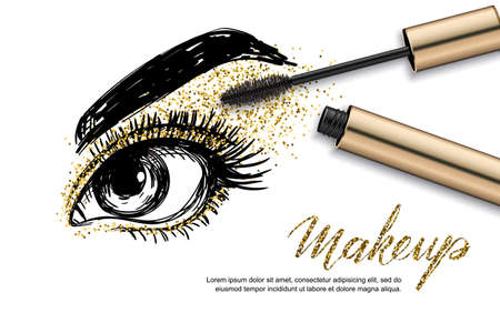 Vector sketch illustration of female eye and makeup mascara. Golden glitters eyeshadows, holiday luxury makeup. Concept for beauty salon, cosmetics label, visage and makeup.のイラスト素材