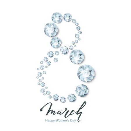 8th of March vector greeting card, International Women's Day. Number eight with 3d gold round diamonds, gems, jewels and hand drawn lettering. Holiday banner, poster, party invitation background.のイラスト素材