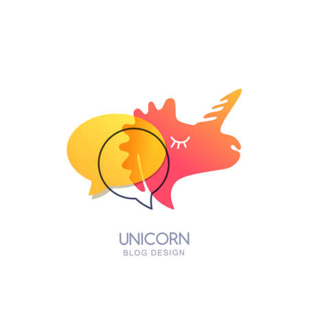 Doodle unicorn horse and speech bubble icon or emblem template. Illustration of unicorn pink head for blog, chat or forum design.のイラスト素材