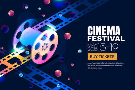 Glowing neon cinema festival banner template on abstract night cosmic sky background.のイラスト素材