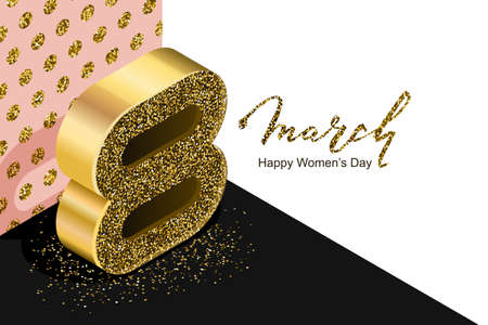 International Women's Day banner template with golden number eight in 3d isometric style on white...